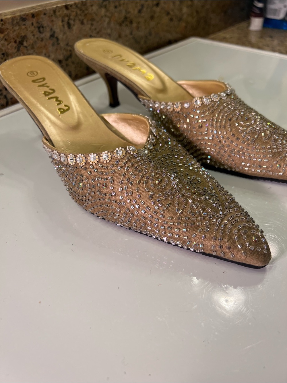 Drama Beige Rhinestone Embellished Slip-On Kitten Heels Womens Size 8